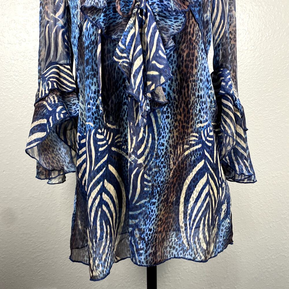 Metric Animal Print Whimsigoth Avant Garde LaceUp Boho Ruffle Flowy Blouse Dress - Picture 5 of 14